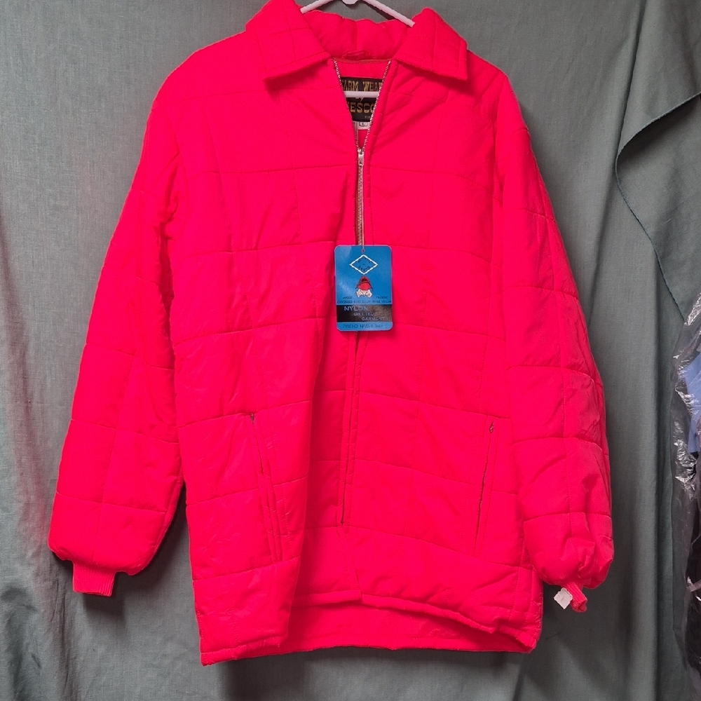 BRIGHT ORANGE 1970s Nesco Quilted Nylon hunting Jacket With Hidden Hood